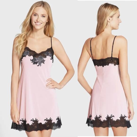 Natori Enchant Lace Trim Satin Chemise pink black sz 1X - Picture 1 of 6
